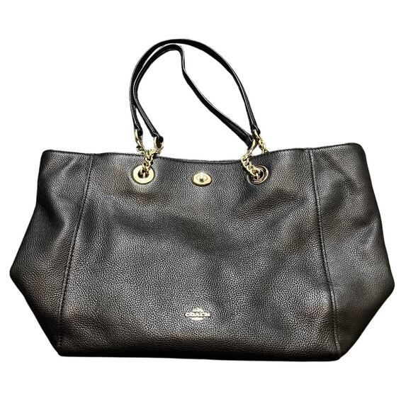 Coach Womens Black Turnlock Chain Shoulder Bag Purse Leather Womens Tote‎ - Picture 1 of 14